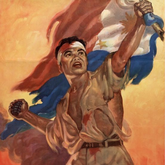 A close up of a Filipino fighter in World War II raising the Flag of the Philippines, cropped from a propaganda poster.