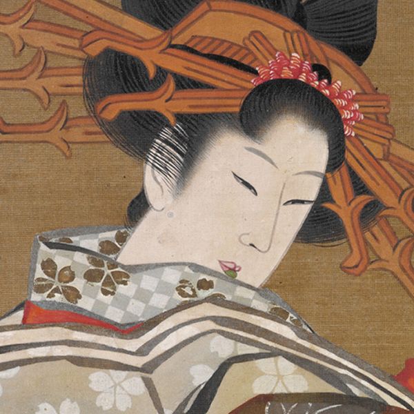 A painting of a geisha wearing a kimono.