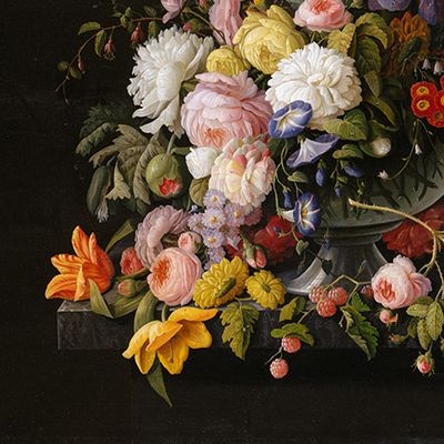 A painting of flowers in a vase.