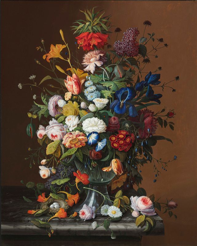 A painting of flowers in a vase on a table.