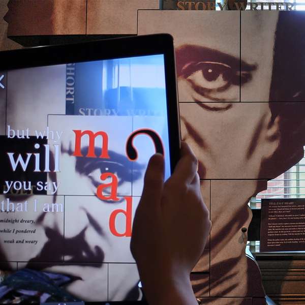 A tablet overlaying Edgar Allen Poe