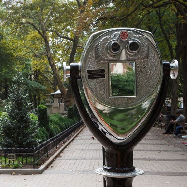 Binoculars on a stand pointing at nature