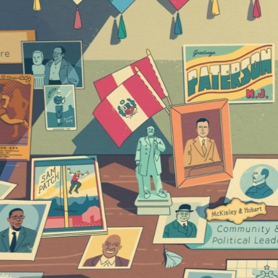 part of a colorful drawing of picture frames, cards, books, and small flags