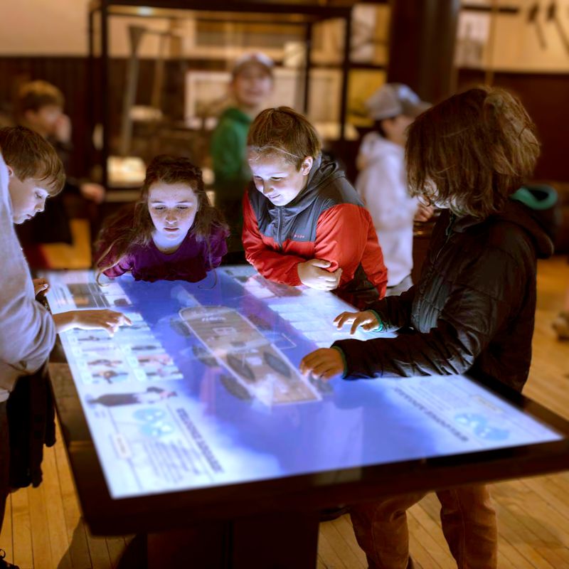 A group of children playing with the interactive.