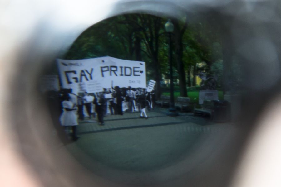 A gay pride rally seen through the goggles.