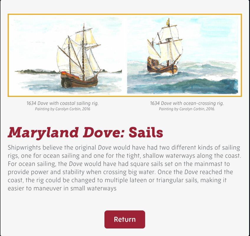 A screenshot of "Maryland Dove: Sails" with images of boats